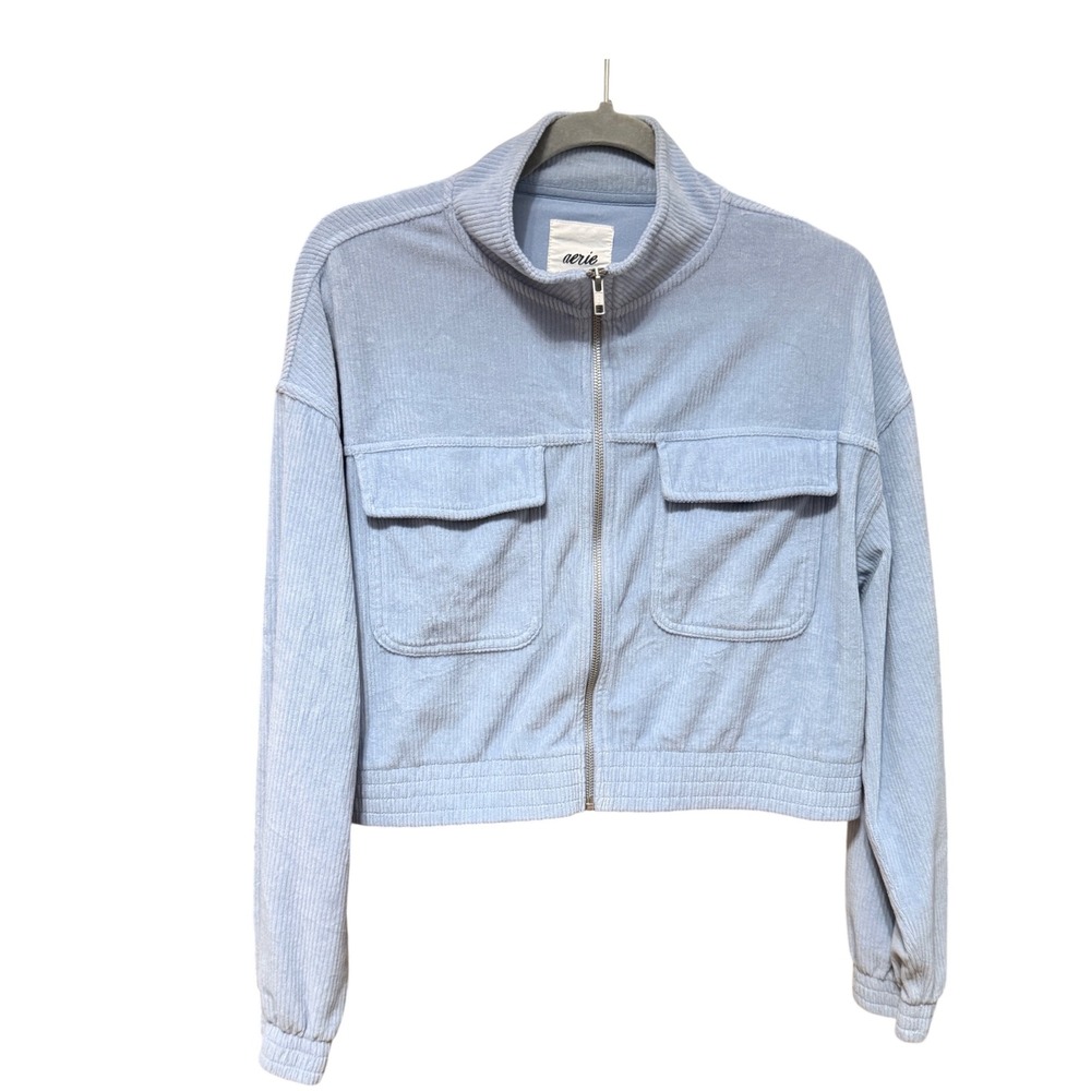 Aerie Jacket Corduroy Zip Up L/G Blue Excellent Cropped Pocket Long Sleeve